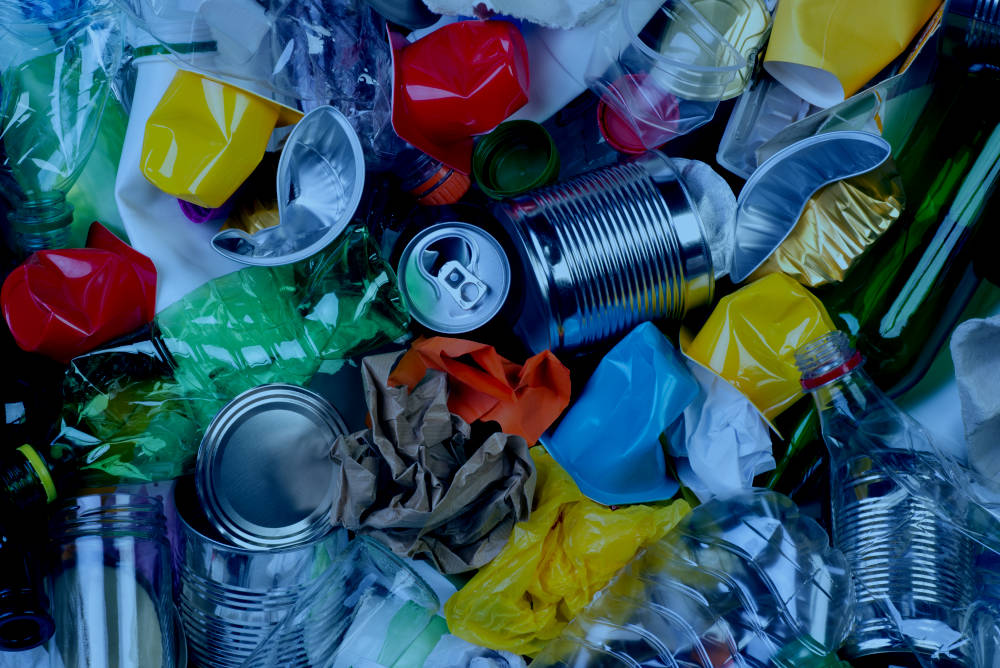 A variety of colorful trash with plastic bags and cans